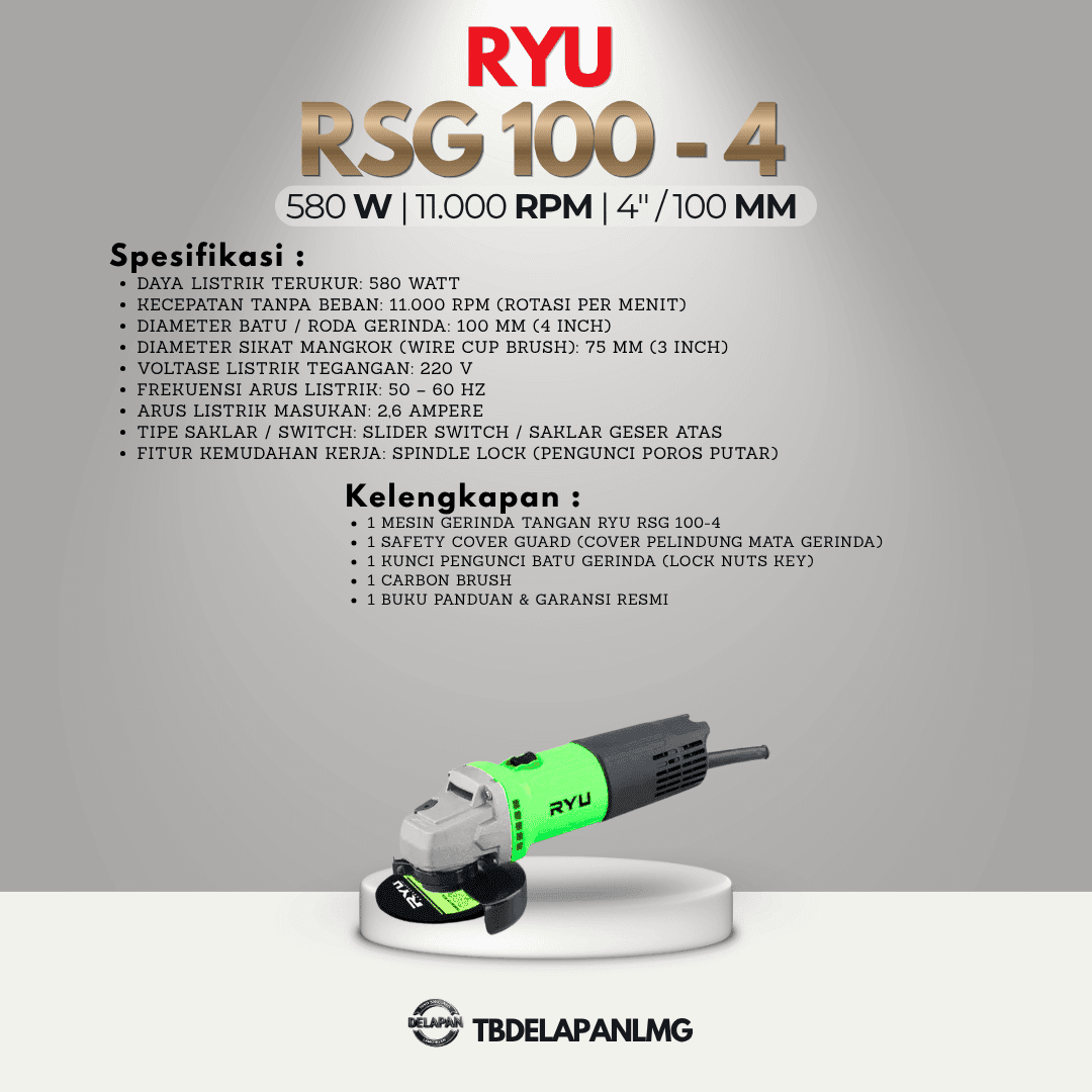 Mesin Gerinda Tangan RYU RSG 100-4 Angle Grinder 4Inci Saklar Atas