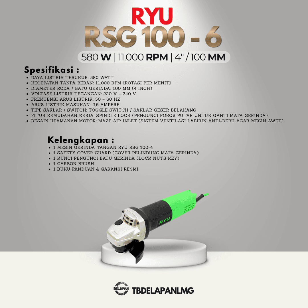 Mesin Gerinda Tangan RYU RSG 100-6 Angle Grinder 4Inci Saklar Belakang