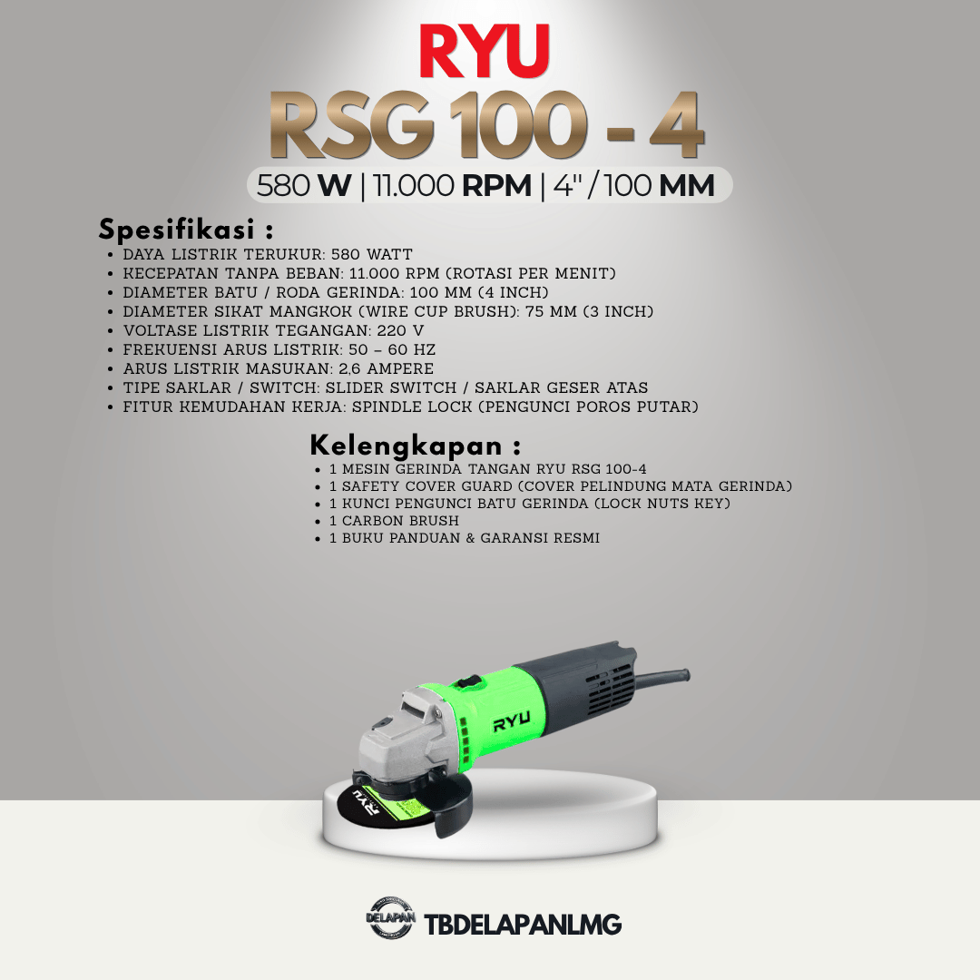 Mesin Gerinda Tangan RYU RSG 100-4 Angle Grinder 4Inci Saklar Atas
